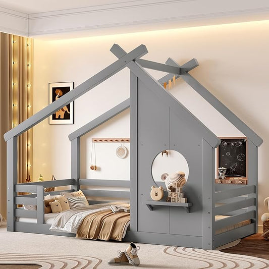 SOFTSEA Twin Size Floor House Bed with Roof, Solid Wood Montessori Bed Frame with Slats and Guardrails, Kids Playhouse Floor Bed for Boys Girls, No Spring Box Needed, Grey