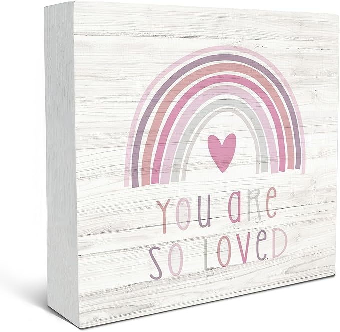 SRADMO You Are So Loved Rainbow Heart Wood Box Sign Desk Decor, Pink Decor Kids Inspirational Quotes Wooden Block Box Sign Decoration for Kids Room Nursery Playroom Shelf Table Decorative Accessories