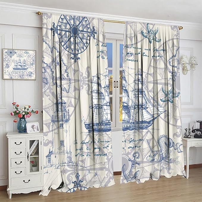 Nautical Sailboat Map Curtain,Ship Compass Lighthouse Anchor Decorative Curtain Polyester Fabric Waterproof Bedroom Curtain Set 2 Panels,72x63 Inches