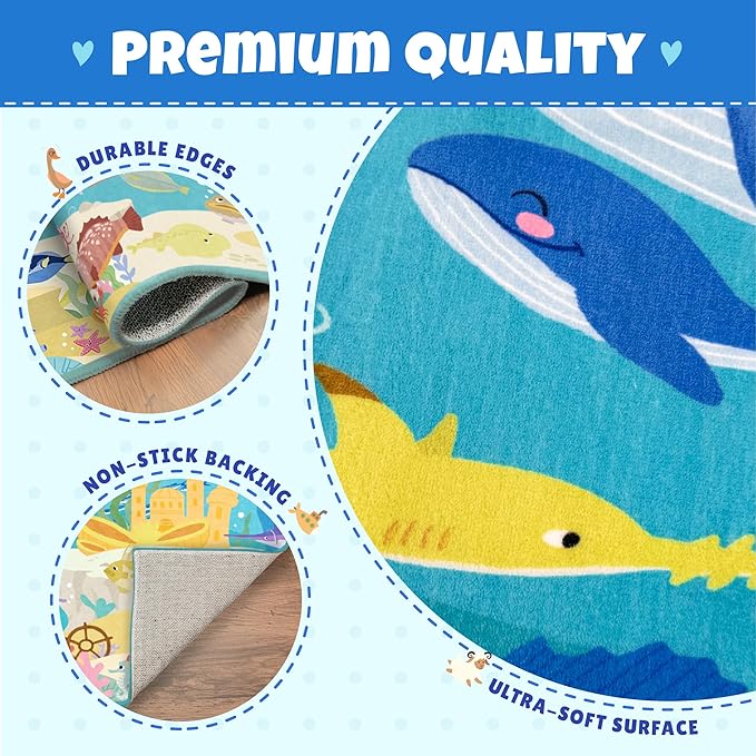 Large Blue Ocean Rug for Kids Room – 8x10 Play Mat with Mermaid & Fish, Washable Non Slip Fun Crawling Carpet for Classroom Elementory, Playroom or Beach Rugs for Bedroom