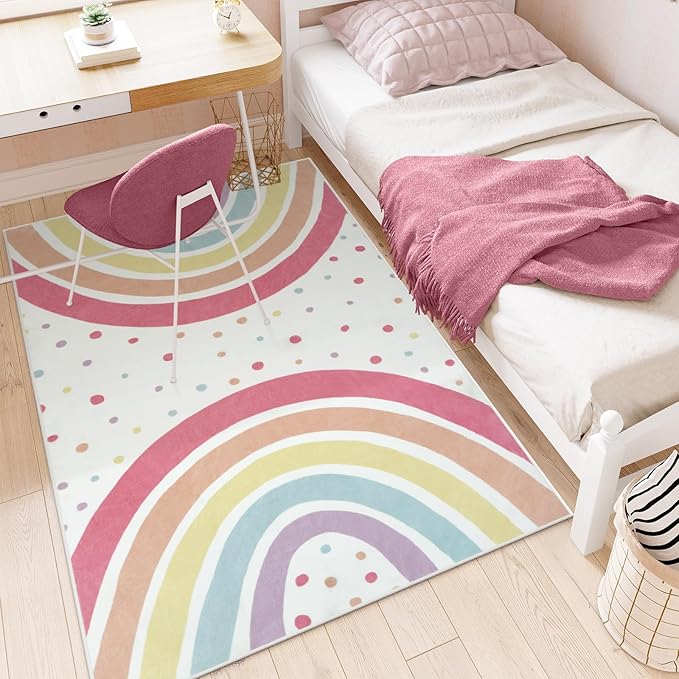 STARUIA Washable Rainbow Rug for Girls Bedroom, Colorful Rug 4x6 Area Rugs for Nursery Kid Room, Non-Slip Soft Polka Dot Carpet Kids Rugs for Classroom Playroom Tent Castle