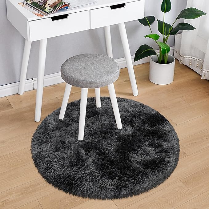 Black Round Rug 3ft Circle Rug Fluffy for Bedroom,Tie Dyed Soft Shaggy Plush Round Carpet for Kids Girls Boys Room Baby Nursery Living Room Playroom Home Décor Washable