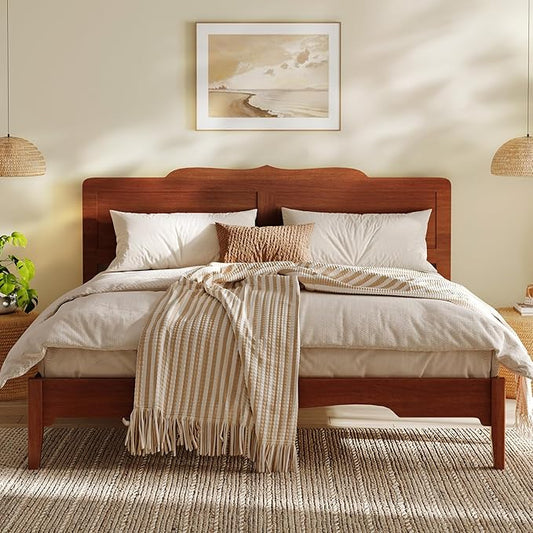 King Bed Frame and Headboard, Wooden Platform Bed with Wood Slats Support, Modern Bed Frame with Storage&Charging Station, No Box Spring Needed, Easy Assembly, Noise Free, Brown