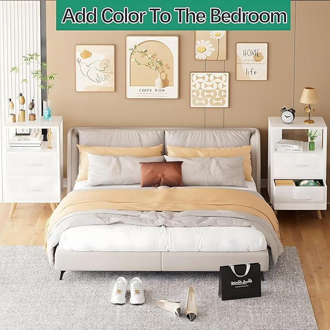 Night Stand, White Kids Nightstand with Fabric Drawers, Nursery Side Table with Open Storage, 3-Tier Modern End Table, Bedside Table for Small Space, Living Room, Bedroom