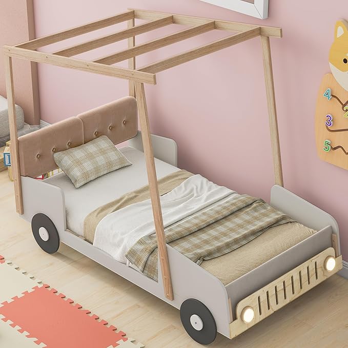 Twin Size Classic Car-Shaped Platform Bed with Wheels and Ceiling Cloth, Solid Wood Low Bed Frame with Pillow and LED Lights, Cute Floor Bed for Kids Boy Girls
