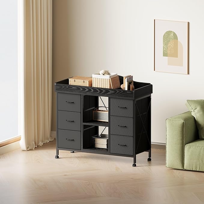 Changing Table, 6-Drawer Baby Dresser with Changing Table top,Waterproof Diaper Changing Station & Pad, 2 Height-Adjustable Open Storage Shelves, Mobile Nursery Organizer, Black