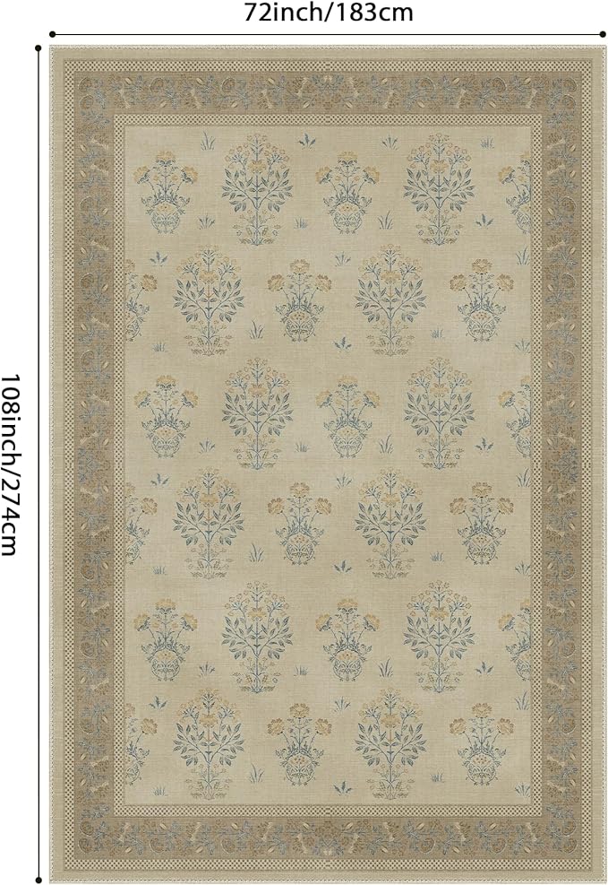 GENIMO Brown Floral Area Rug for Living Room, 6X9 Washable Rug Vintage Boho Area Rug with Non-Slip Backing, Soft Carpet for Indoor Bedroom, Dining Room,Girls Kids Room and Nursery Room
