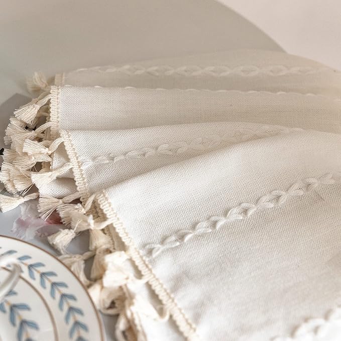 Deeprove White Boho Curtains 84 Inches Long for Bedroom Living Room, Cream Chic Linen Cotton Embroidered Semi Blackout Bohemian Farmhouse Window Treatment Drape Vintage Tassels, 1 Panel W52 x L84