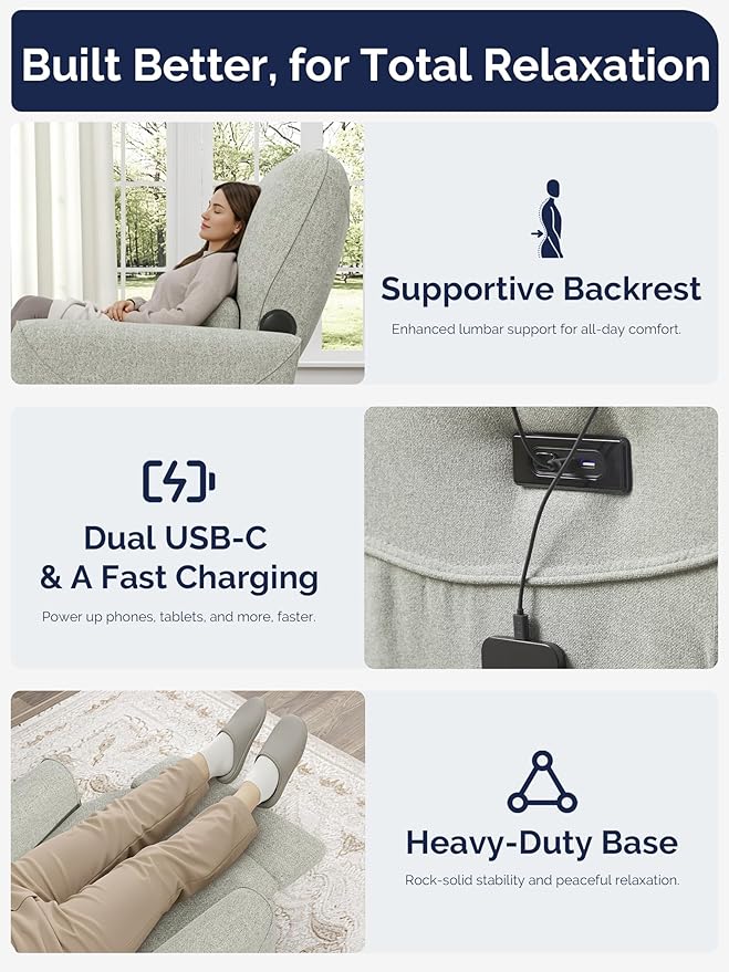 KINGYES Nursery Rocking Chair, Glider Rocking Chair for Nursery, 270° Swivel Glider, Bluetooth Speaker & USB-C Port, Fabric Nursery Recliner Sofa, Gray