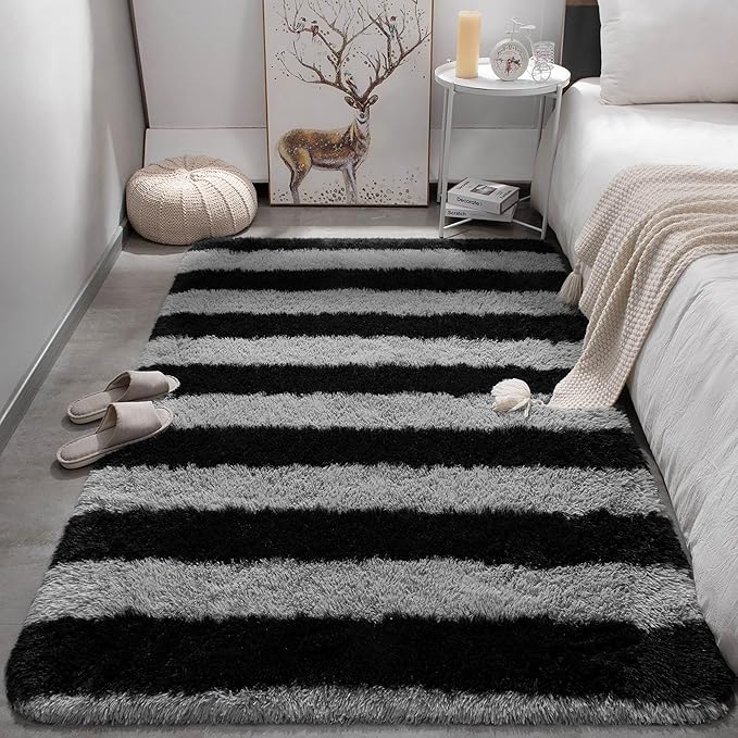 Meralax Black and Grey Striped Area Rug, 4x6 Fluffy Soft Rugs for Living Room Bedroom, Machine Washable Shaggy Carpet Rug for Kids, Dorms, Indoor, Home Decor Aesthetic