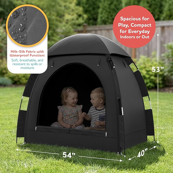 YoungMinds Blackout Baby Crib Tent - Waterproof Sleep Pod Fits for Travel Pack and Play, Milk Silk Fabric, Kids Black Out Cover Mosquito Net Tent with Toy Holder, Pack N Play Canopy Blocks Light