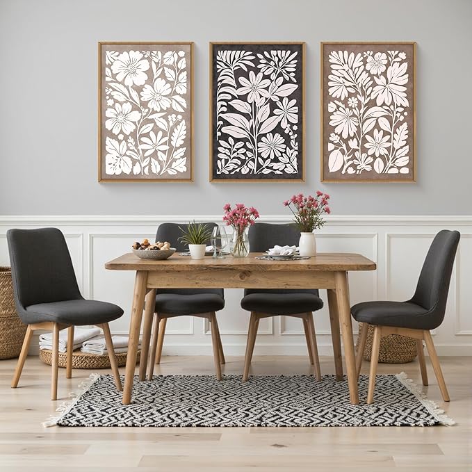 HLNIUC Black Brown Botanical Flower Wall Art Framed, Neutral Minimalist Wildflower Wall Decor set of 3 (16"x24"), Rustic Farmhouse Grey Canvas Painting, Nature Prints for Living Room, Bedroom, Office
