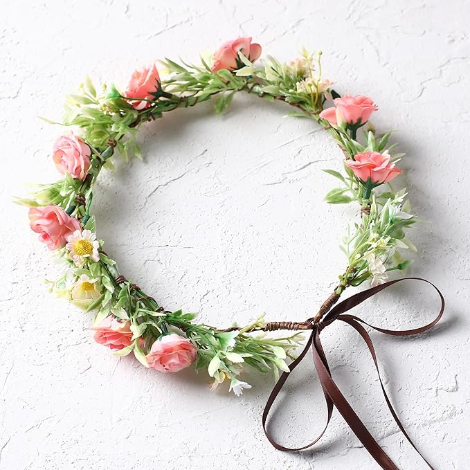 Handmade Fairy Flower Crown - Fashion Pink Flower Headband Mini Rose Hair Wreath Women Girls Floral Headpiece for Wedding Festival Halloween Cosplay