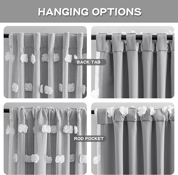 MYSKY HOME Grey Blackout Curtains for Kids Room Boys Bedroom 63 Inch Long Double Layer Curtain with White Pom Pom Sheer for Dining Room Back Tab Room Darkening Window Drapes 2 Panels, 52 x 63 in