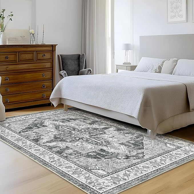 WITSHOCK Living Room Area Rugs 6x9: Washable Rug Boho Soft Non-Slip Low Pile Stain Resistant Foldable Carpet for Bedroom Playroom Dining Room Office Kitchen Farmhouse Home Decor Rug-Gray