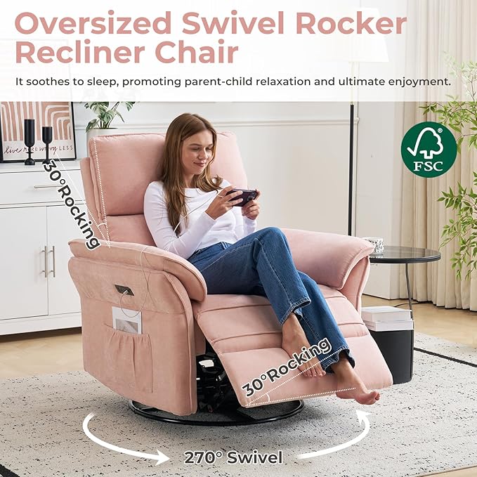Oversized Power Recliner Chair Swivel Glider with Massage and Heat, Rocker Nursery Recliner for Adults with Adjustable Headrest, 26" Extra Wide Nursery Chair with Overstuffed Armrest,Pink