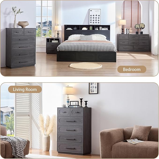Grey 6 Drawer Dresser for Bedroom, 44" Tall Dresser & Chest of Drawers with Solid Wood Handle, Large Wood Storage Dressers Organizer for Bedroom, Living Room