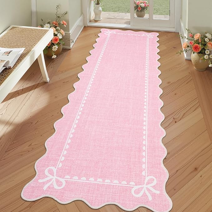 GarveeHome Scalloped Bow Rug for Living Room, Solid Pink Rug for Dorm, Washable Runner Rug 2.5x10 Soft Low Pile Non Slip Scalloped Rugs for Nursery Bedroom Decor Hallway Entryway Playroom
