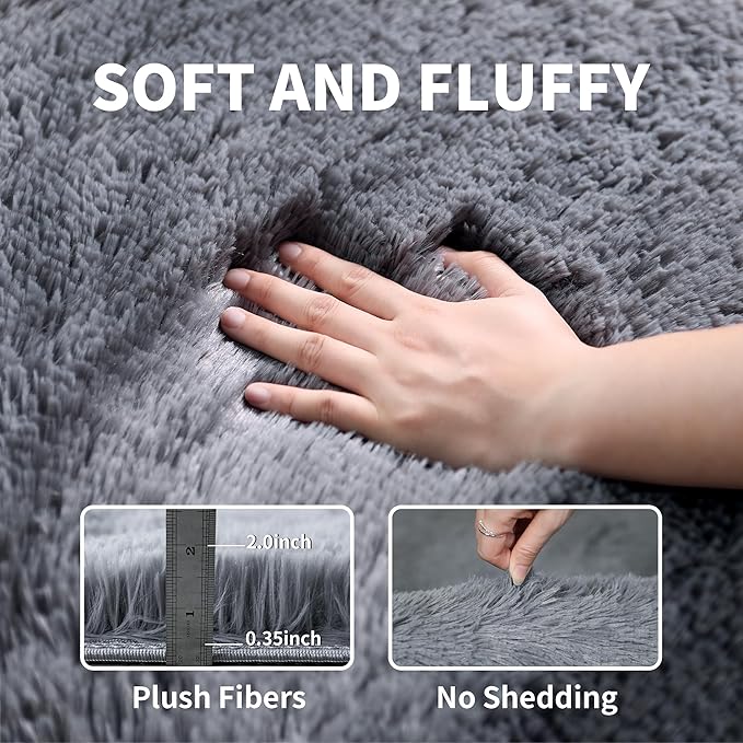 6x9 Grey Fluffy Shag Rug for Bedroom Soft Plush Fuzzy Washable Carpet for Living Room, Modern Comfy Shaggy Non Slip Floor Large Area Rugs for Kids Baby Nursery College Dorm Room, Gray