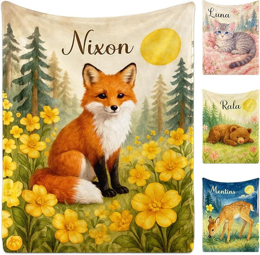 Ship Next Day Personalized Baby Blanket for Kids, Custom Baby Blanket with Name, Super Soft Flannel Blankets, Custom Fox Animal Blankets Baby Gifts for Christmas.