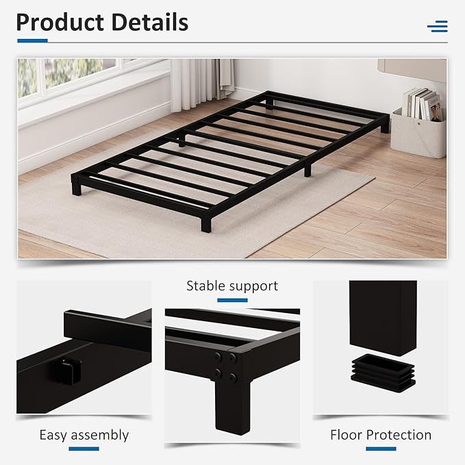 5 Inch Low Twin XL Bed Frames Heavy Duty Metal Platform, No Box Spring Needed, Easy Assembly Mattress Foundation, No Noise, Black