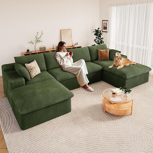 136" Cloud Modular Sectional Sofa with 1 Ottoman, Deep Seat Boneless Couch, Modern Upholstered Corduroy Couches, Comfort U Shaped Sofa for Living Room, No Assembly Required(Green,Right Facing Chaise)