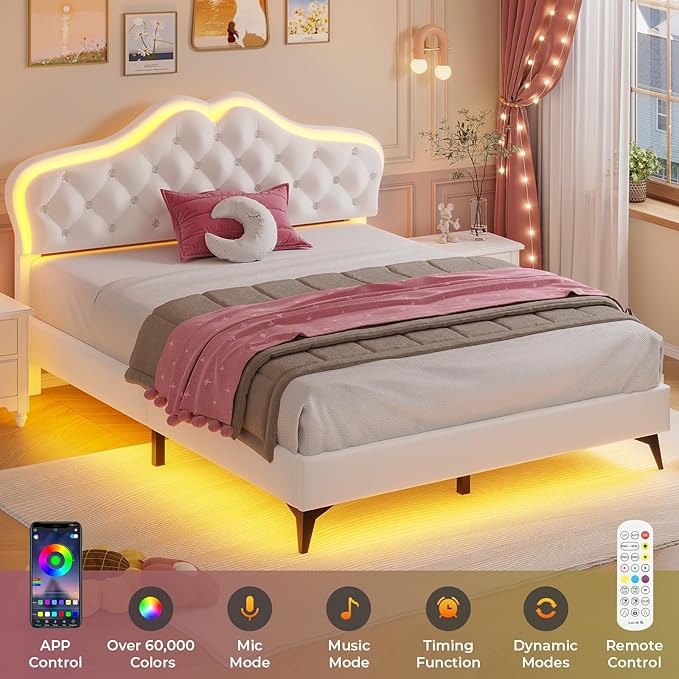 ADORNEVE Queen Bed Frame with RGB LED Lights, Princess Bed Frame with Adjustable Crystal Button Headboard, Velvet Upholstered Platform Bed for Girls, Solid Wooden Slats, Easy Assembly, Creamy White
