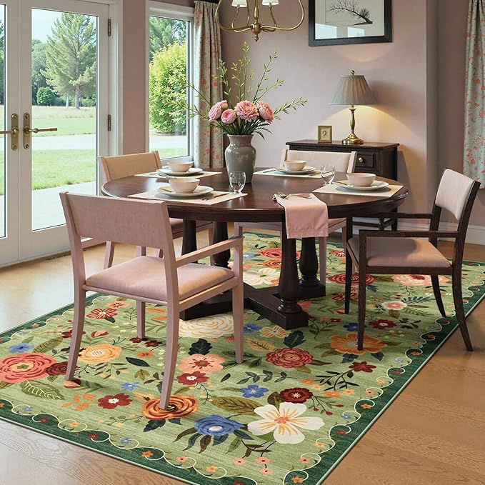 5x7 Washable Area Rug for Living Room, Floral Non-Slip Non-Shedding & Easy Care, Soft Low Pile Boho Indoor Floor Carpet for Living Room, Bedroom, Farmhouse, Dining Room, Kids Playroom, Green