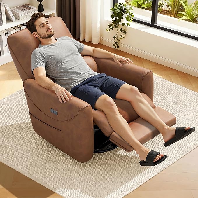 KINGYES Swivel Power Recliner, Glider Rocking Chair for Nursery, 270° Swivel Nursery Rocking Chair, Bluetooth Speaker & USB-C Port, Faux Leather Single Recliner Sofa for Breastfeeding, Brown
