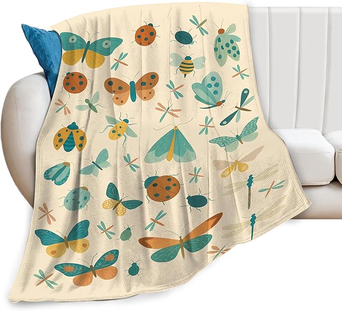 Bugs Insects Throw Blanket Moth Beetle Dragonfly Blanket Soft Cozy Fleece Fuzzy Plush Warm Stuff Bedding Bugs Blankets Gift for Boys Girls Kids Adult Men Women 60"X80"