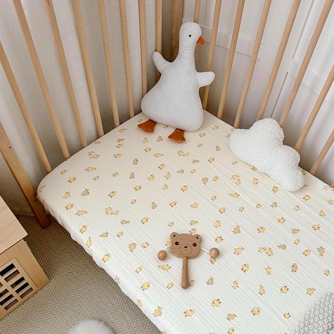 BuLuTu Muslin Cotton Crib Sheets Neutral Baby Boys Girls, 2 Pack Fitted Sheets for Standard Mattress 52"x28", Cute Animal Print Toddler Bed Sheet Nursery Decor, Bear & Duck