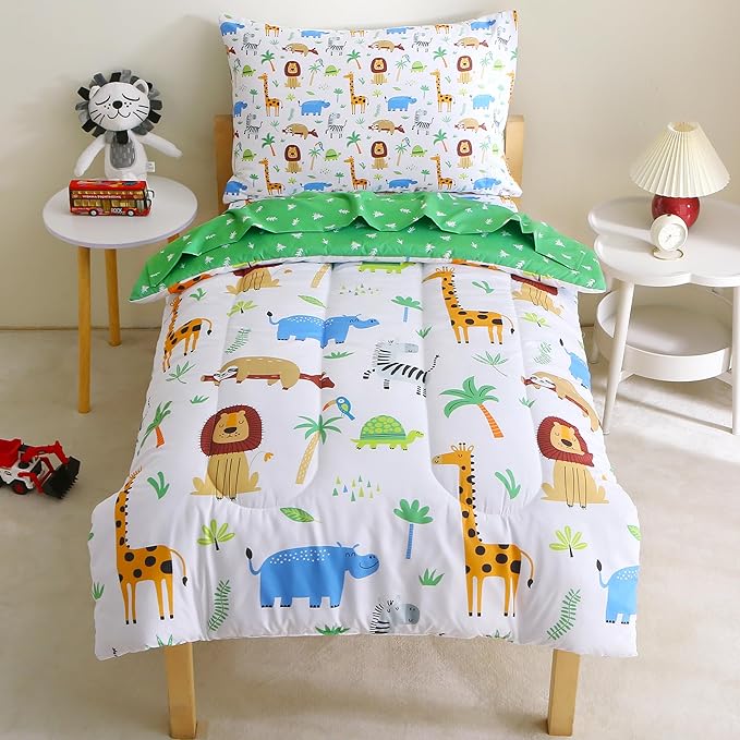 Mooreeke 4 Pieces Toddler Bedding Set - Forest Animal Toddler Comforter Sets for Girls Boys, Includes Comforter, Flat Sheet, Fitted Sheet and Pillowcase, Bed in A Bag for Baby Bedroom