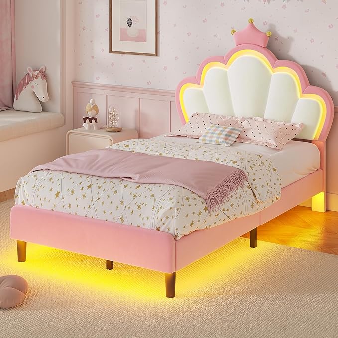 BTHFST Twin Size Bed Frame with LED Lights, Girls Twin Bed with Princess Crown, LED Velvet Upholstered Platform Bed Frame with Adjustable Headboard, No Box Spring Needed, Pink