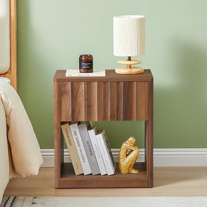 Fluted Dresser, Small Nightstands Set of 2, Natural Bedside Table with Drawer and Storage, Mid Century Modern Side Table for Bedroom Sofa