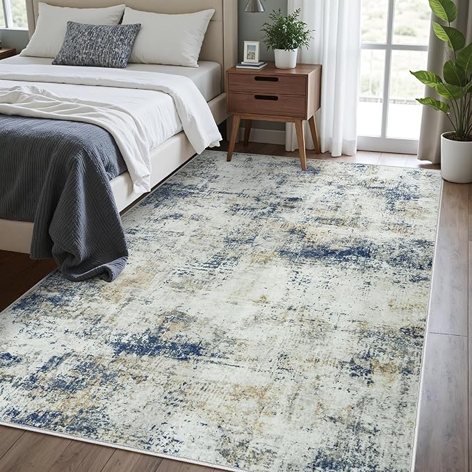 Washable Rug 6x9 Area Rugs: Soft Large Living Room Rug with Anti-Slip Backing Non-Shedding Stain-Resistant Modern Abstract Carpet for Bedroom Dining Room Nursery Home Office Blue Brown