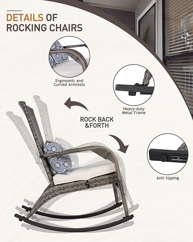 Patio Rocking Chair- Wicker Rocking Chairs Outdoor with Cushions and Pillow, All-Weather Outdoor Rocker Chair with 2 Replaceable Cushion Covers (White & Blue) 320lbs