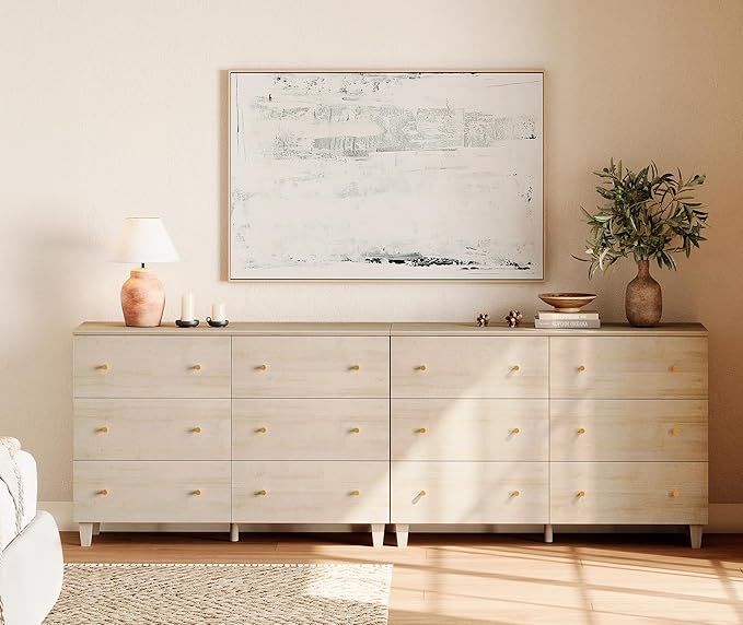 WAMPAT 12 Drawer Wood Dresser for Bedroom, 2-in-1 Extra Wide Chest of Drawers, Modern Storage Organizer Units with Solid Wood Legs for Closet, Living Room, Kids Room, Nursery, Light Oak, 94.4"