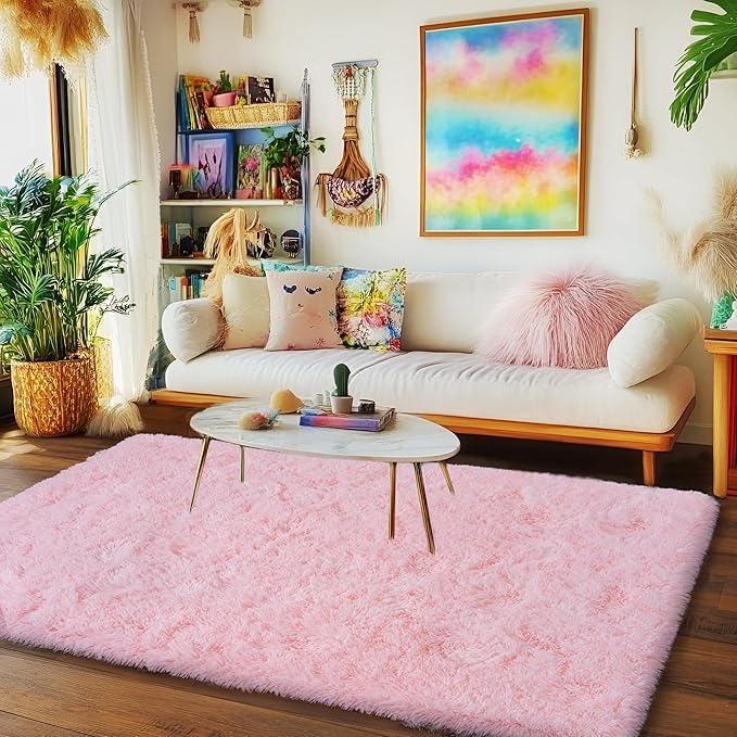 Pink Rug for Girls Bedroom, 4x6 Area Rug for Cute Girls Room, Bedside Indoor Floor Fluffy Shag Carpet, Plush Soft Rug for Living Room Nursery Dorm Home Decor