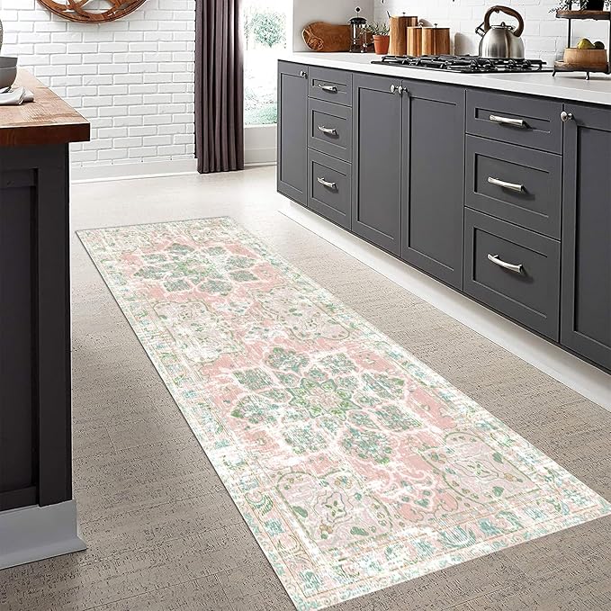 Vhong Boho Area Rugs Vintage Washable Neutral Modern Small Carpet Dusty Pink and Green 2x6 Non Slip Runners for Kitchen Laundry Bedroom Living Room Girls' Room