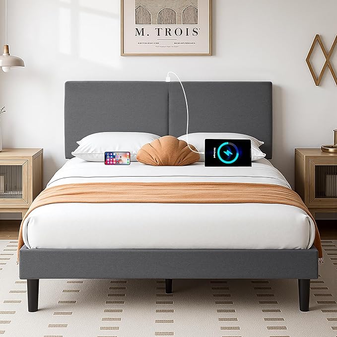 VECELO Full Size Bed Frame, Upholstered Platform with Height-Adjustable Headboard, Wooden Slats Support, Under-Bed Space, No Box Spring Needed, Easy Assembly, Dark Grey