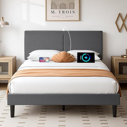 VECELO Full Size Bed Frame, Upholstered Platform with Height-Adjustable Headboard, Wooden Slats Support, Under-Bed Space, No Box Spring Needed, Easy Assembly, Dark Grey