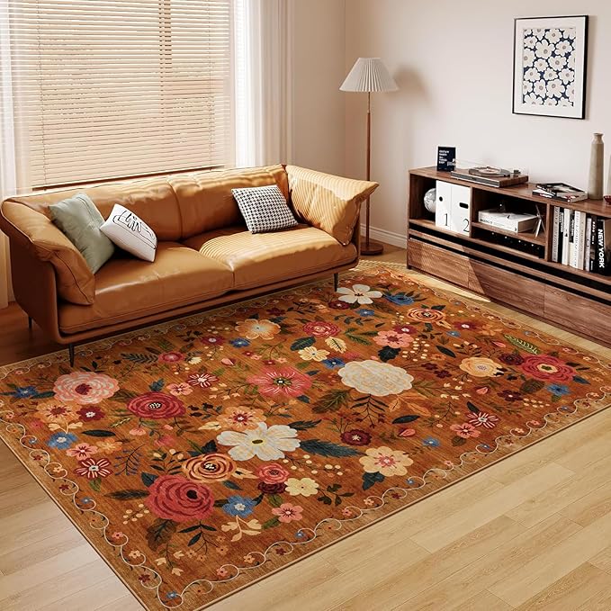 6x9 Washable Area Rug for Living Room, Floral Non-Slip Non-Shedding & Easy Care, Soft Low Pile Vintage Indoor Floor Carpet for Living Room, Bedroom, Farmhouse, Dining Room, Kids Playroom, Orange
