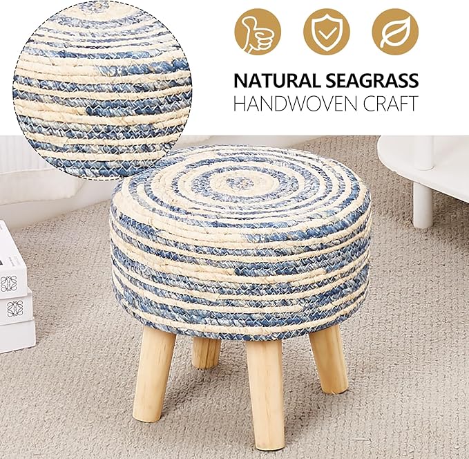Cpintltr Round Ottoman Natural Seagrass Footstool Hand Weave Water Hyacinth Poufs Eco Friendly Sofa Foot Stool Soft Step Stool Padded Foot Rest with Pine Legs for Living Room (Mixed Blue)