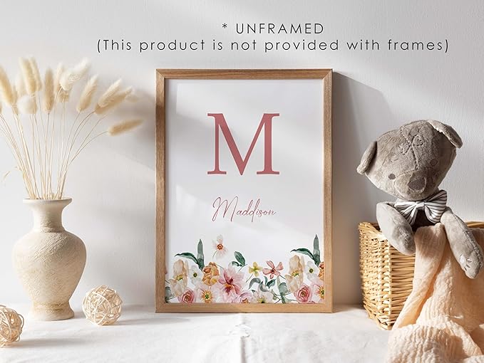 Personalized Name Flower Nursery Wall Art Prints, Crib & Nursery décor, Newborn Baby Girl Gift Present, Floral Baby Girl Room Pictures, Poster For Baby And Kids (1 Print, Flower 8)