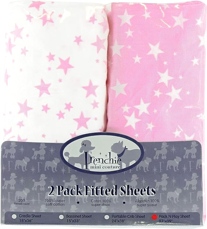 Frenchie Mini Couture Fitted Pack N Play Sheets 100% Woven Cotton Standard Mattress, Pink Stars, 27 x 39in, 2-Pack