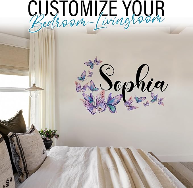 Custom Name Butterfly Decor for Girls Bedroom Personalized Name Butterfly Decorations Large Vinyl Wall Decal for Home & Room Décor, Peel & Stick Wall Art for Kids & Teens Bedroom, Car, Vehicles