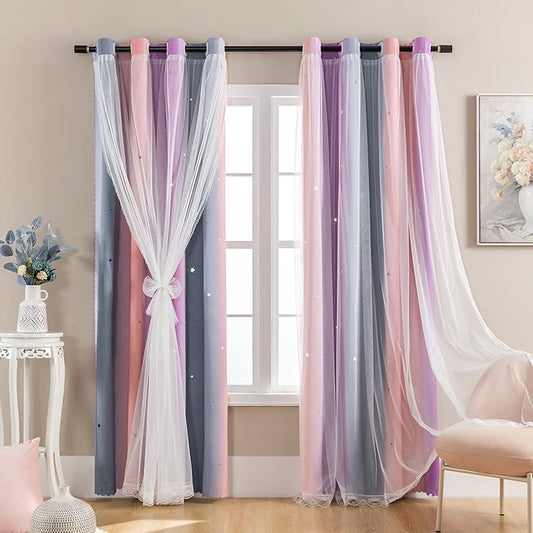 XiDi Curtains for Girls Bedroom 84 inches Length Kids Room Unicorn Princess Theme Home Decor Grey/Pink/Purple, W34 X L84 2 Panels