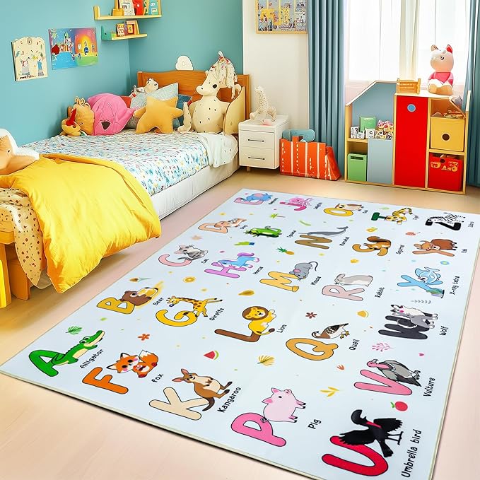 Kids Rugs for Playroom, 5x7 Feet Educational Rug for Learn The ABC Alphabet, Soft Machine Washable Non-Slip Cute Cartoon Animals Carpet for Classroom Toddler Nursery Kids Room Decor, Blue