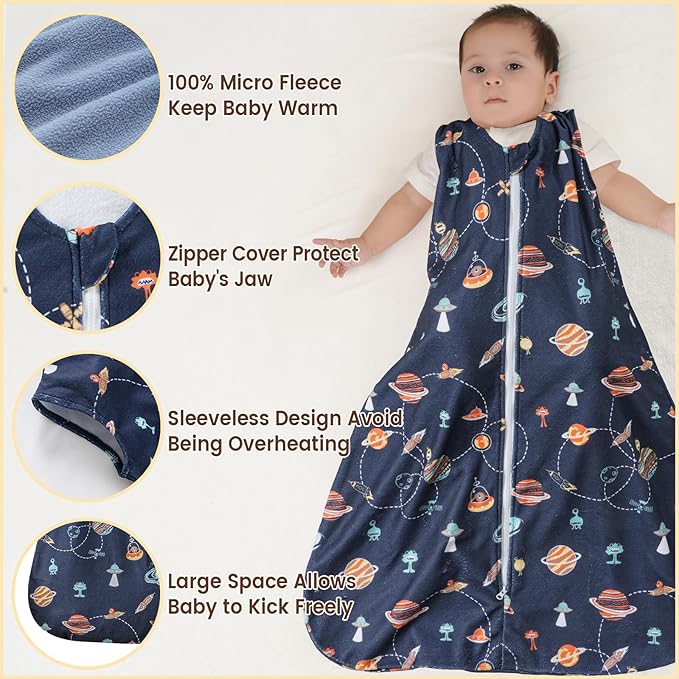 PHF 3 Pack Warm Micro-Fleece Baby Sleep Sack 18-24 Months, Soft Baby Wearable Blanket, 2-Way Zipper Sleeping Bags, Comfy Toddler Sleeping Sack for Boys, X-Large Size, Space