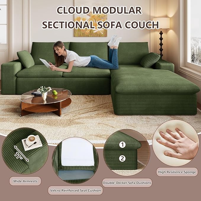 Cloud Sectional Couch,107 Inch Modular Sectional Sofa with Deep Seat, Modern Corduroy Boneless Couches with L-Shape Chaise for Living Room Bedroom, No Assembly Required (Green, Right Facing Chaise)